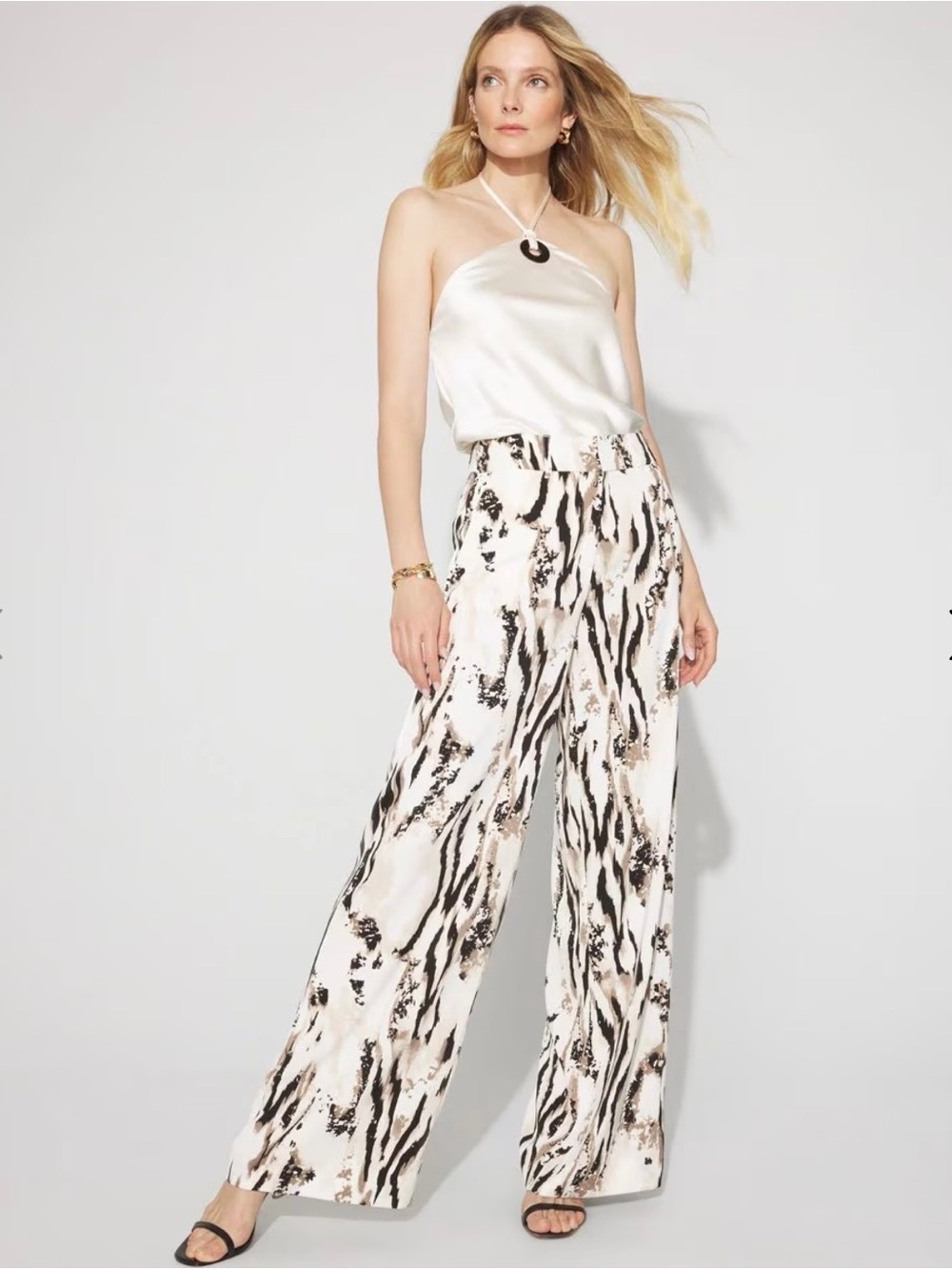 Wide-Leg Printed Satin Pants - Ivory/Black